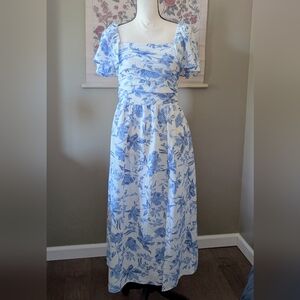 Floral Blue and White Smocked Pleated Bodice Toile Maxi Dress
